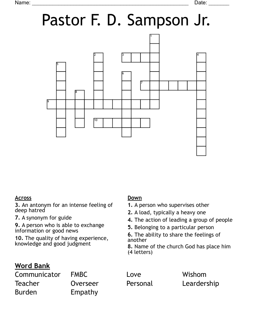 Pastor F. D. Sampson Jr. Crossword WordMint