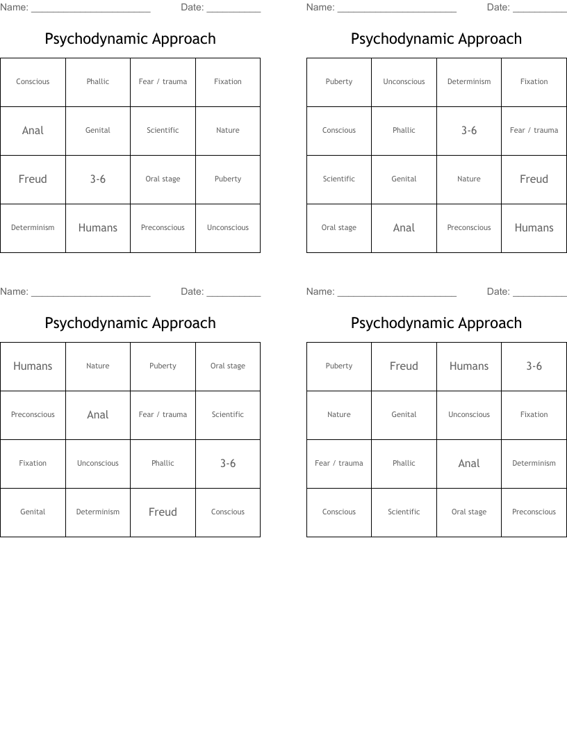Psychodynamic Approach  Bingo Cards
