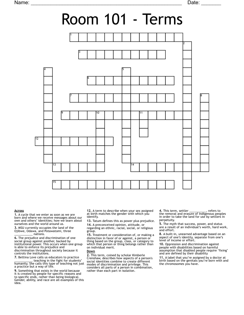 Room 101 - Terms Crossword