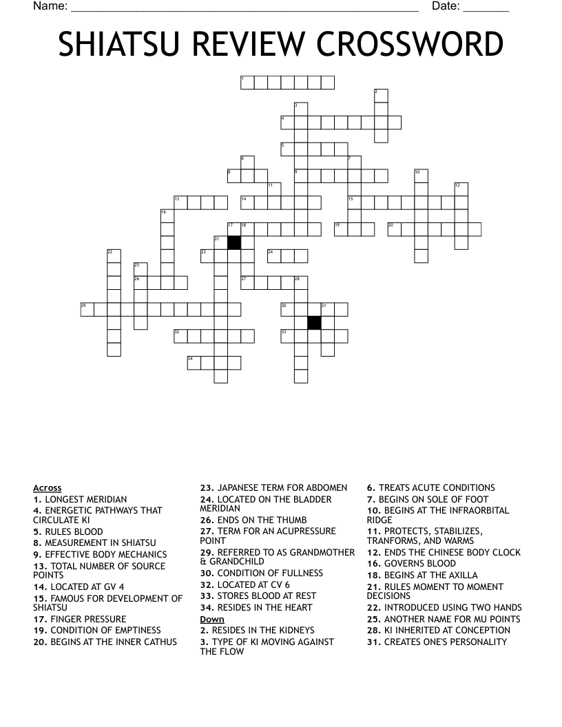 SHIATSU REVIEW CROSSWORD