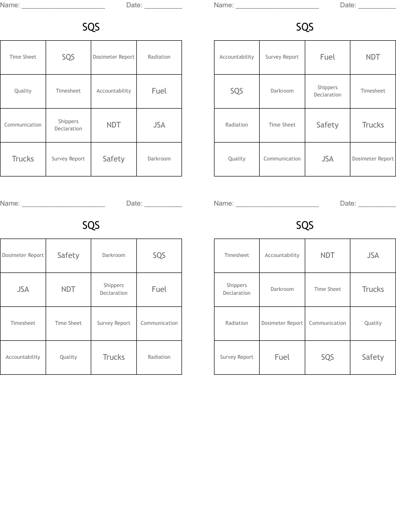 SQS Bingo Cards