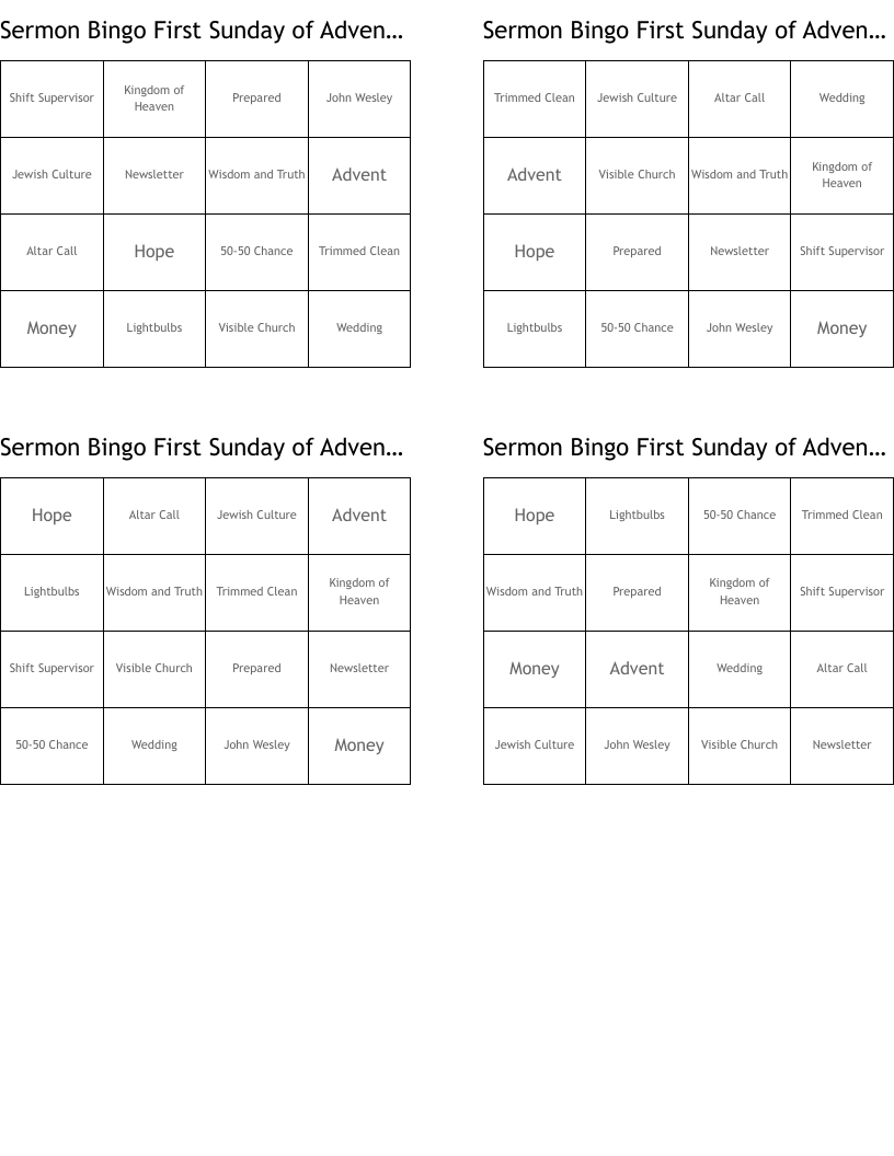 Sermon Bingo  First Sunday of Advent  HOPE