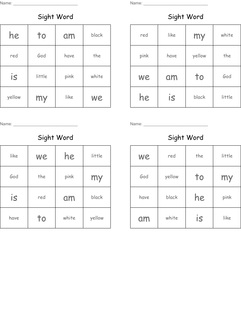 Sight Word Bingo Cards