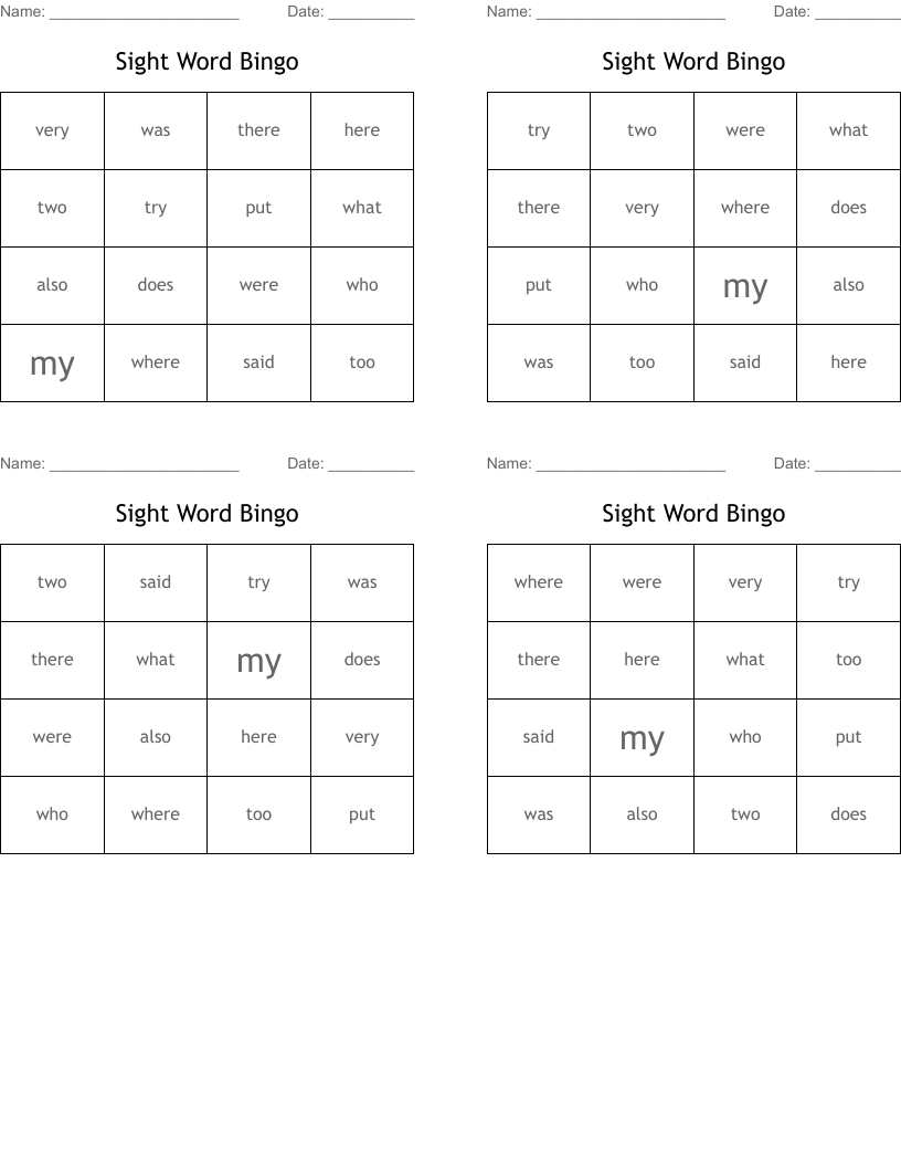Sight Word Bingo