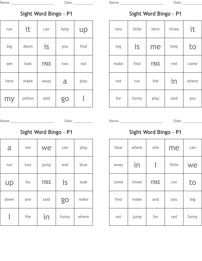Sight Word Bingo - P1