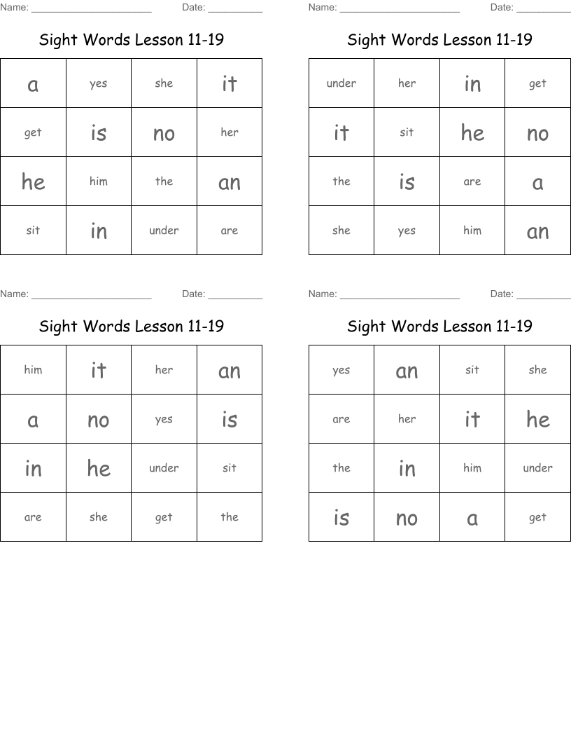 Sight Words Lesson 11-19 Bingo Cards