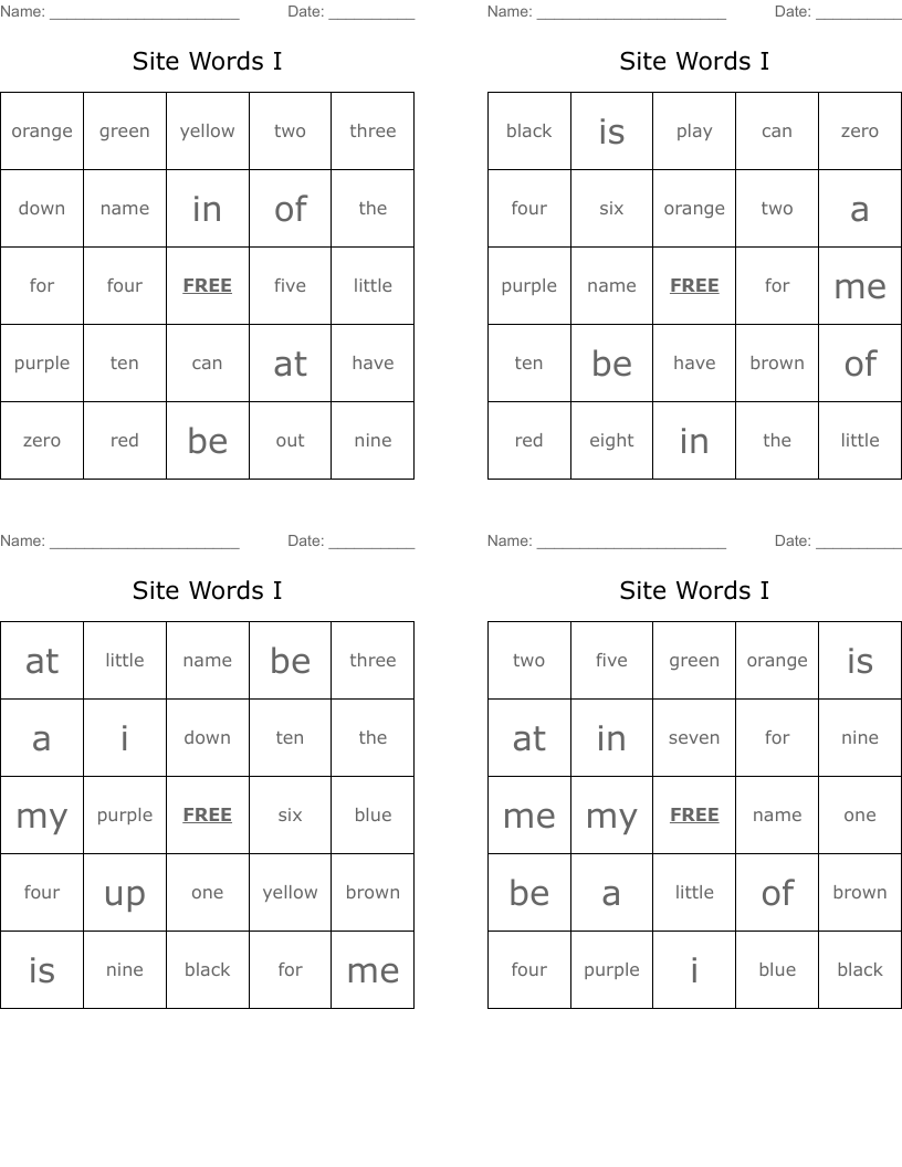 Site Words I Bingo Cards