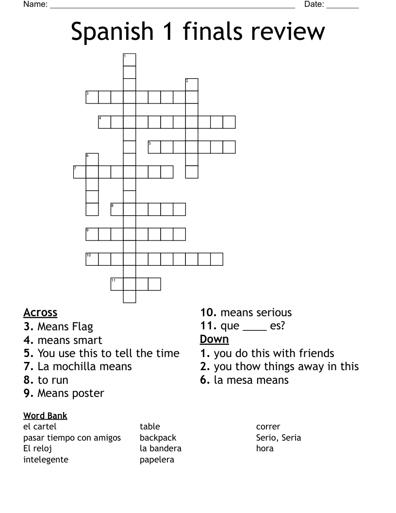 Spanish 1 finals review Crossword WordMint