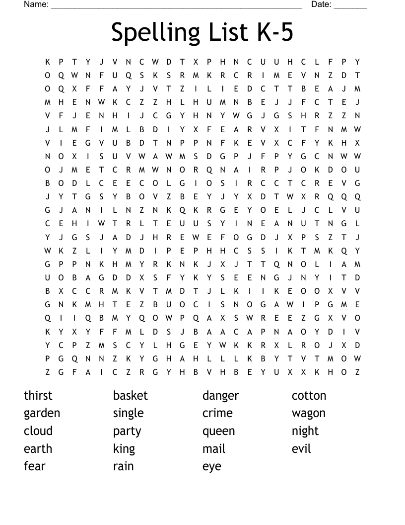 Spelling List K-5 Word Search