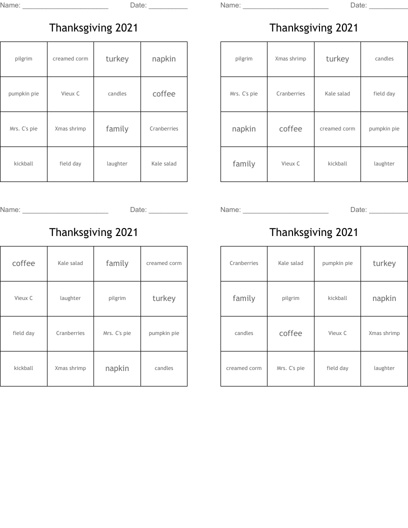Thanksgiving 2021 Bingo Cards