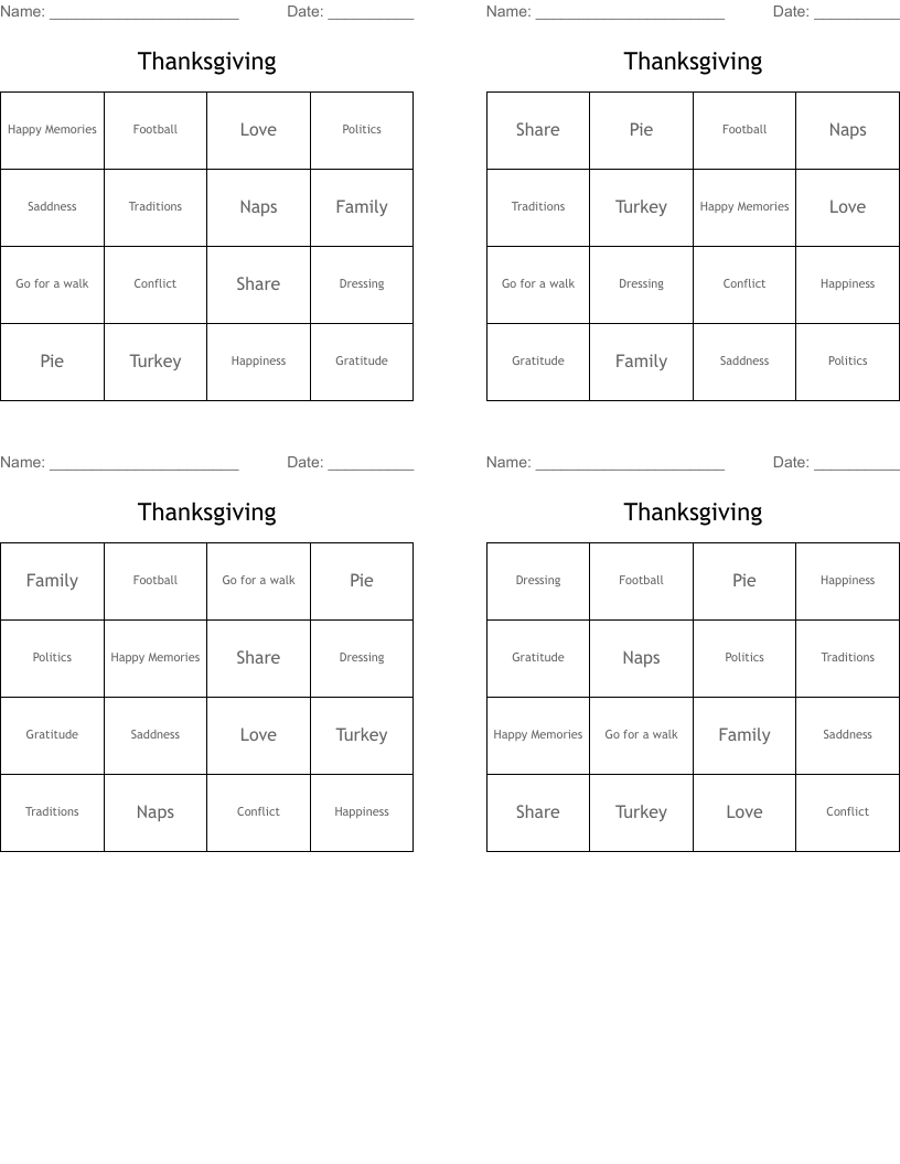 Thanksgiving Bingo Cards