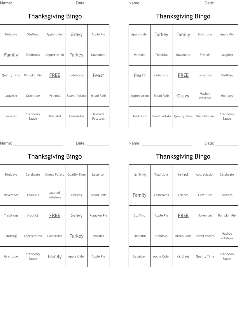 Thanksgiving Bingo