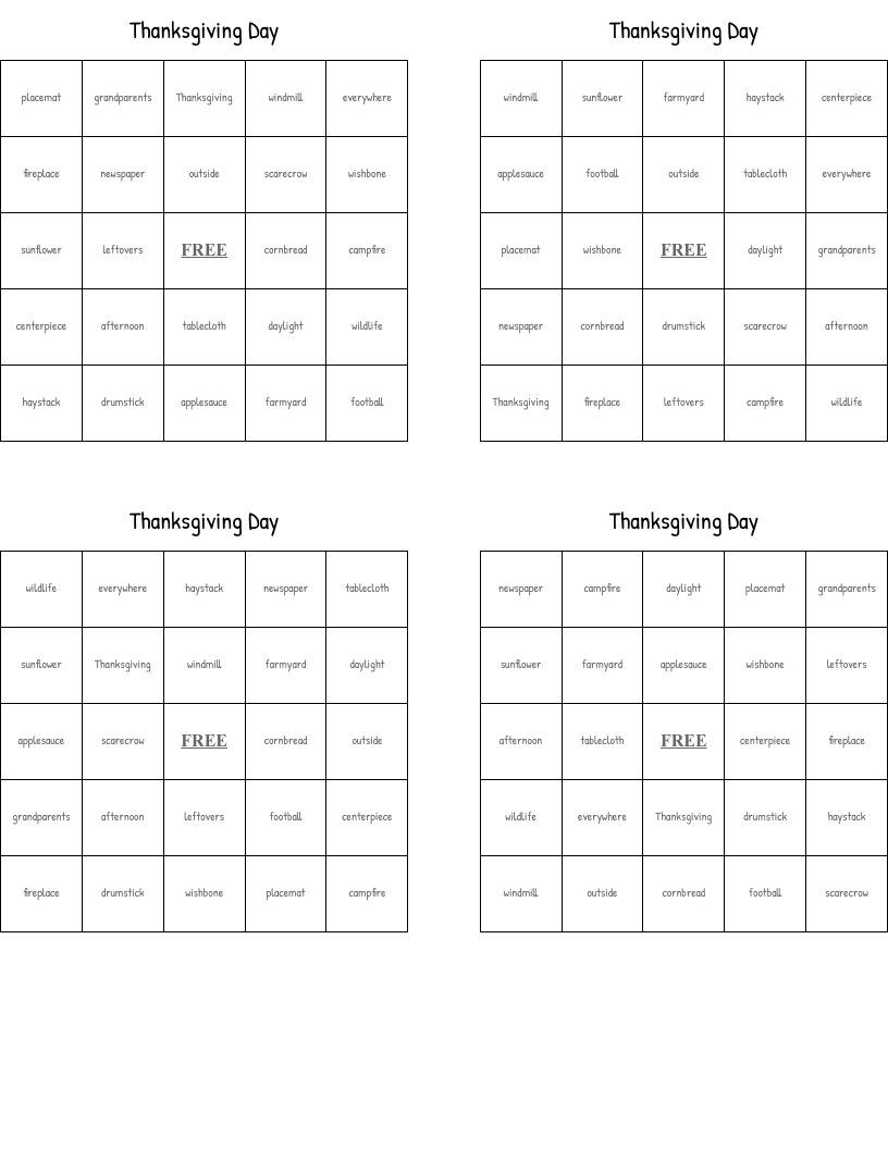 Thanksgiving Day Bingo Cards WordMint