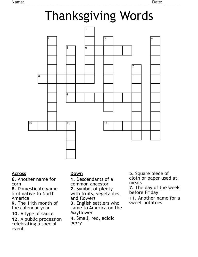 Thanksgiving Words Crossword