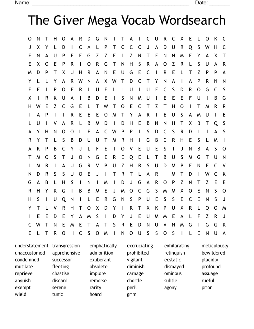 The Giver Mega  Vocab Wordsearch