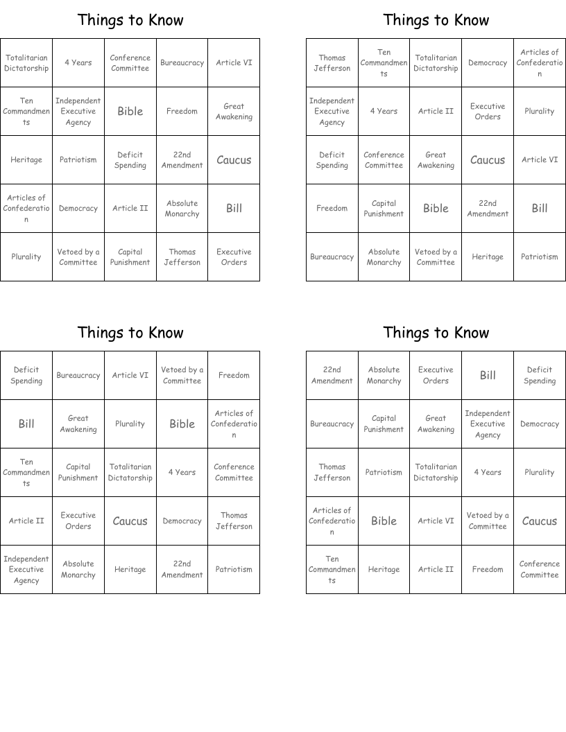 Things to Know Bingo Cards
