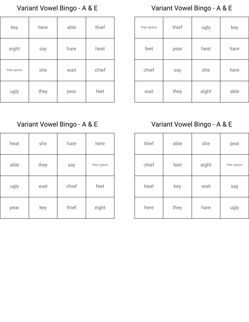 Variant Vowel Bingo - A & E