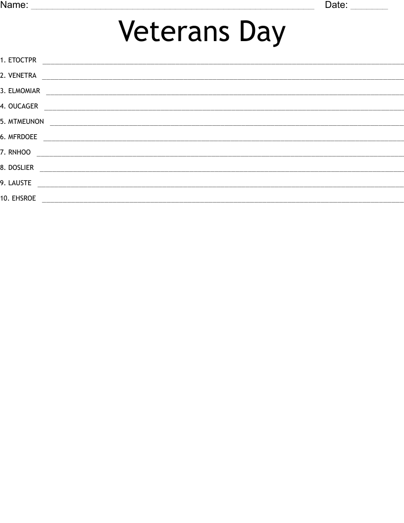 Veterans Day Word Scramble