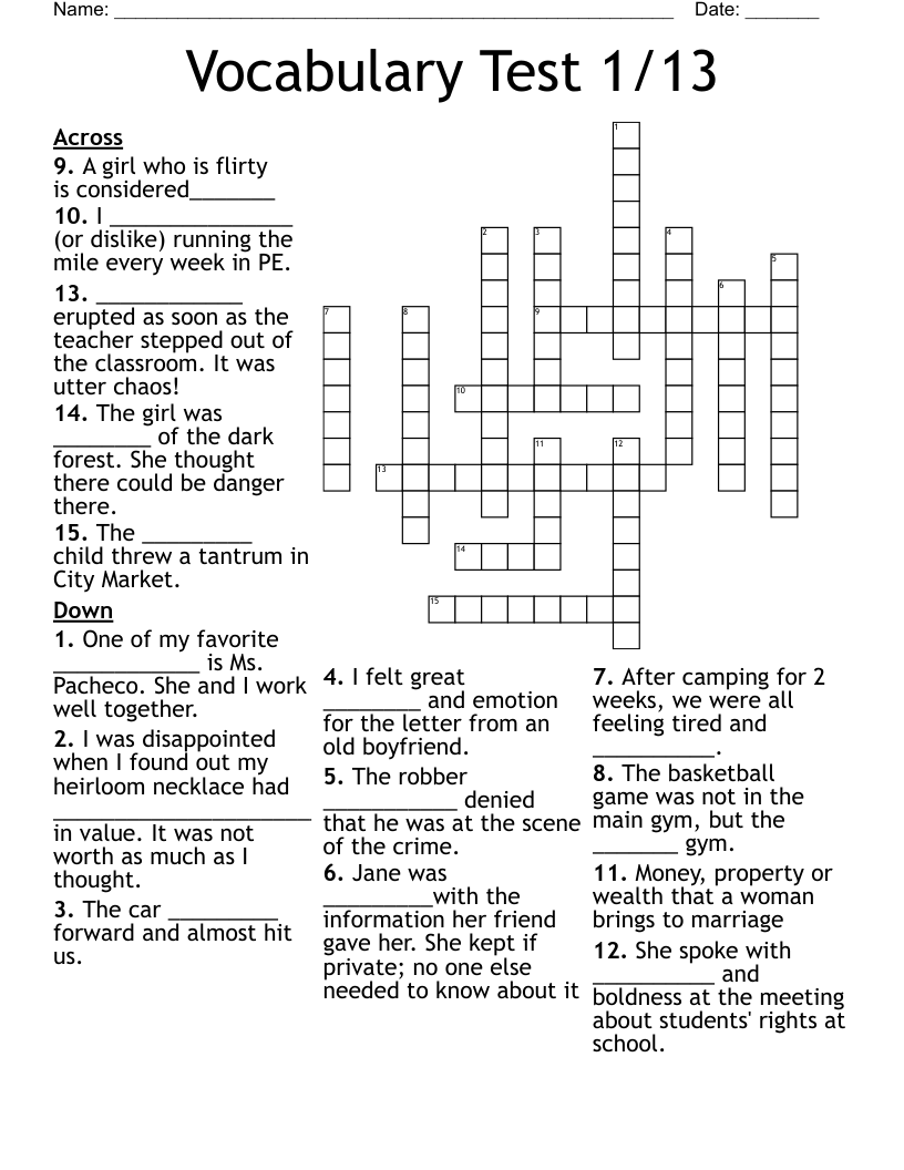 Vocabulary Test 1/13 Crossword