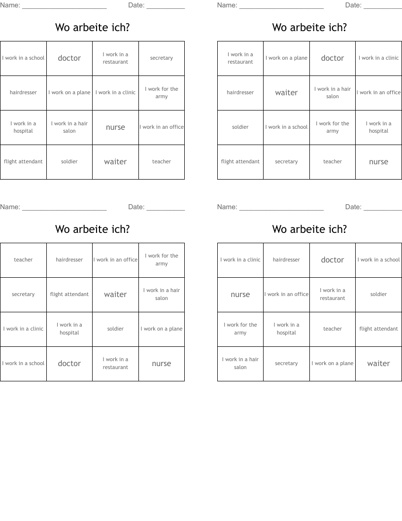 Wo arbeite ich? Bingo Cards