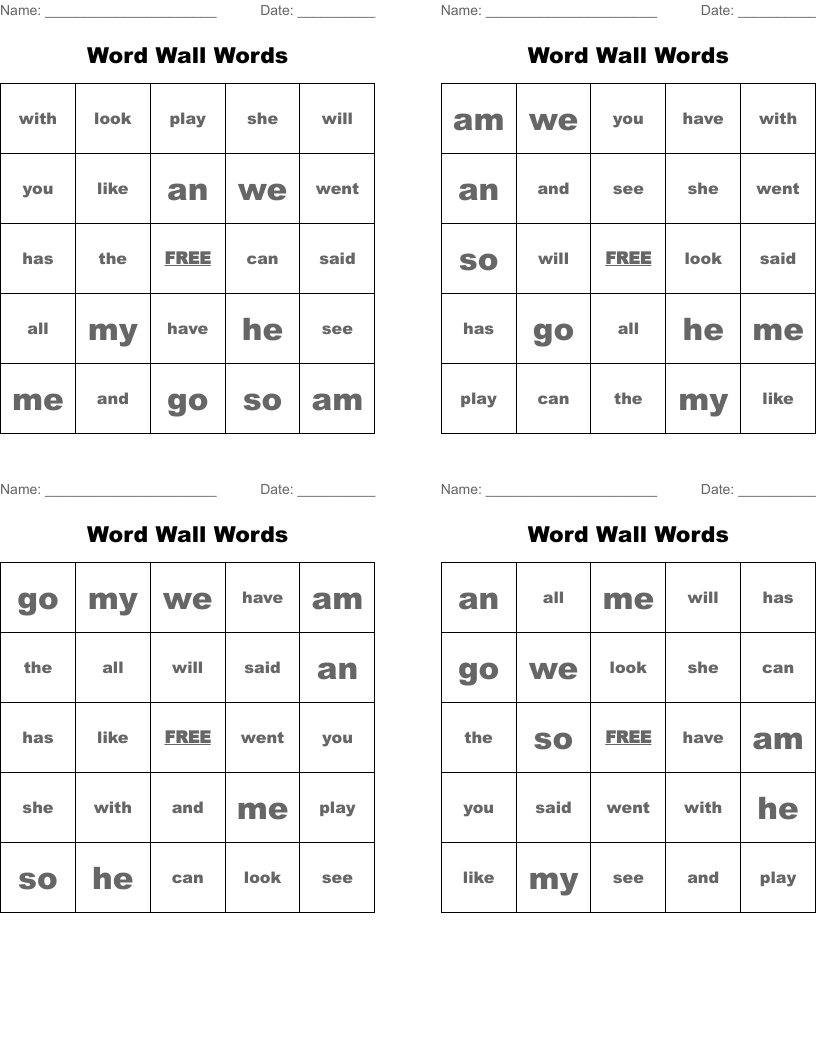 Word Wall Words Bingo Cards