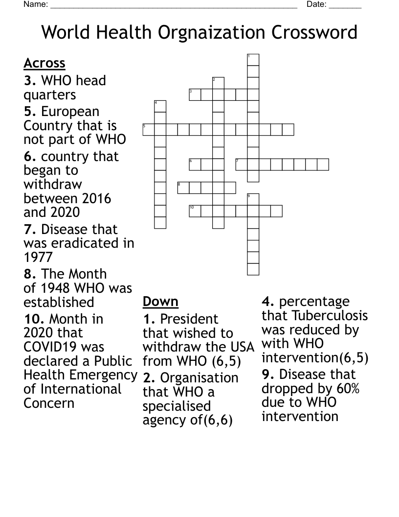 World Health Orgnaization Crossword