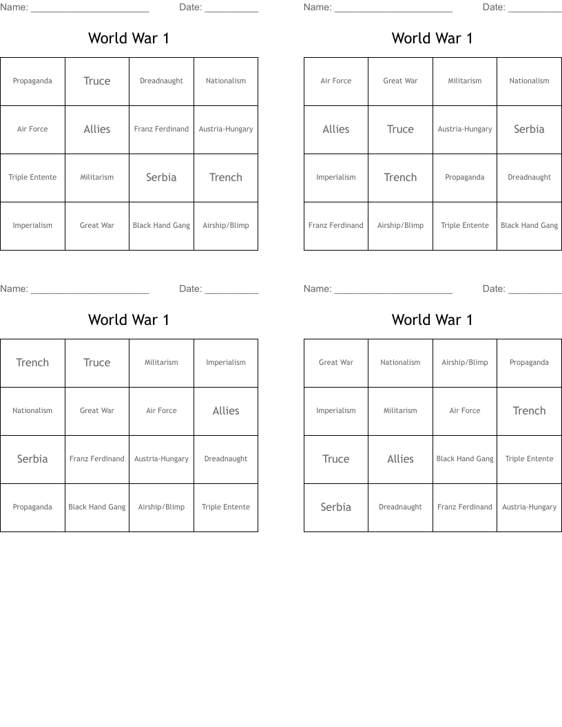 World War 1 Bingo Cards