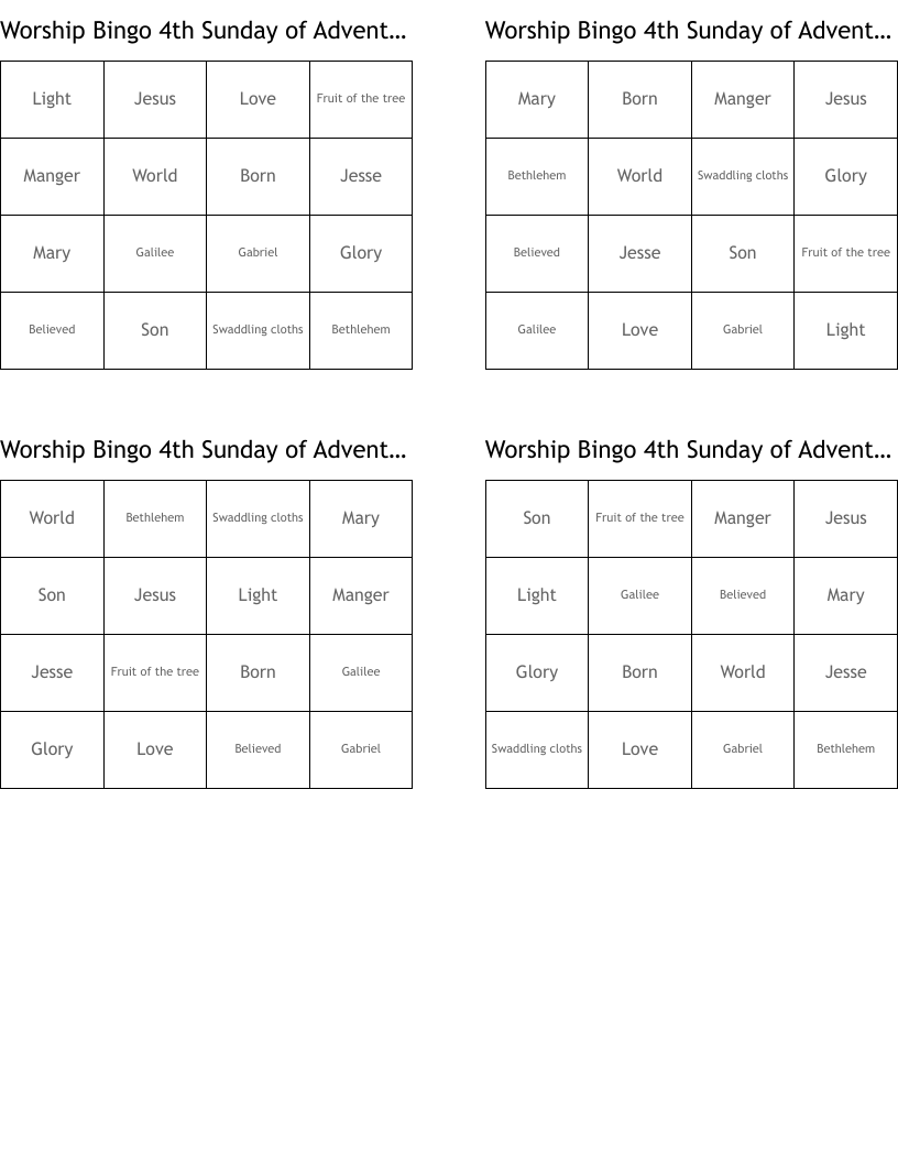 Worship Bingo  4th Sunday of Advent  Love