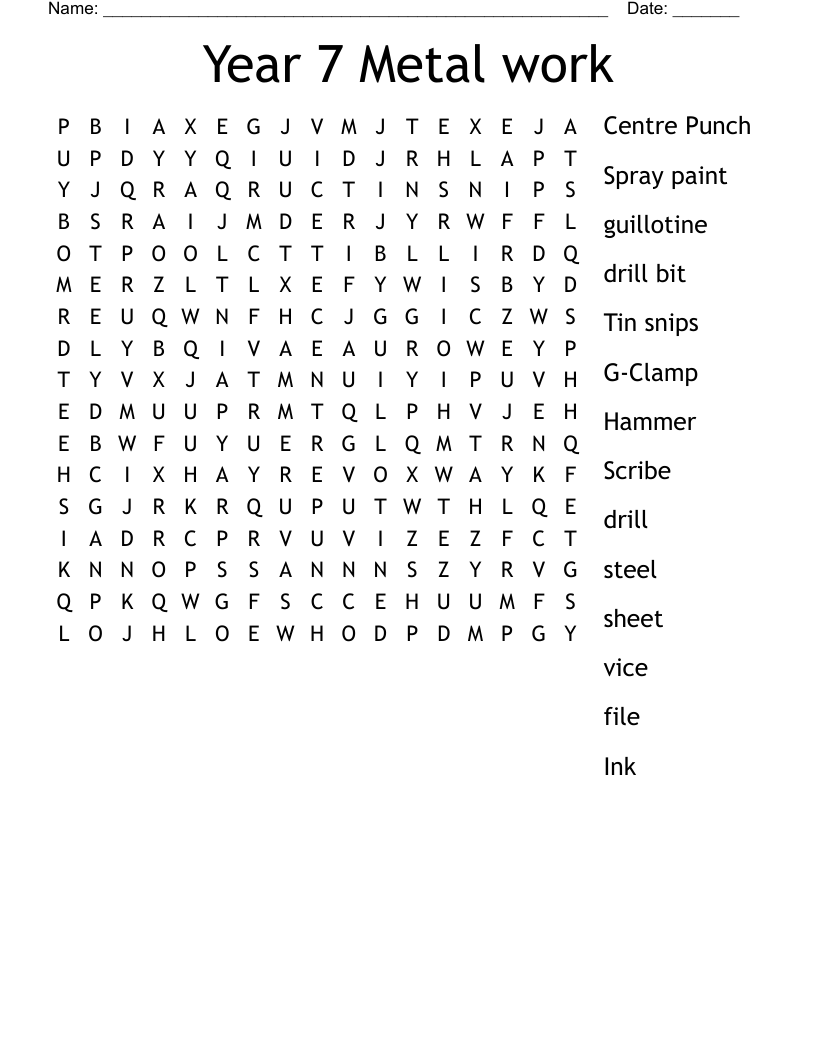 Year 7 Metal work Word Search