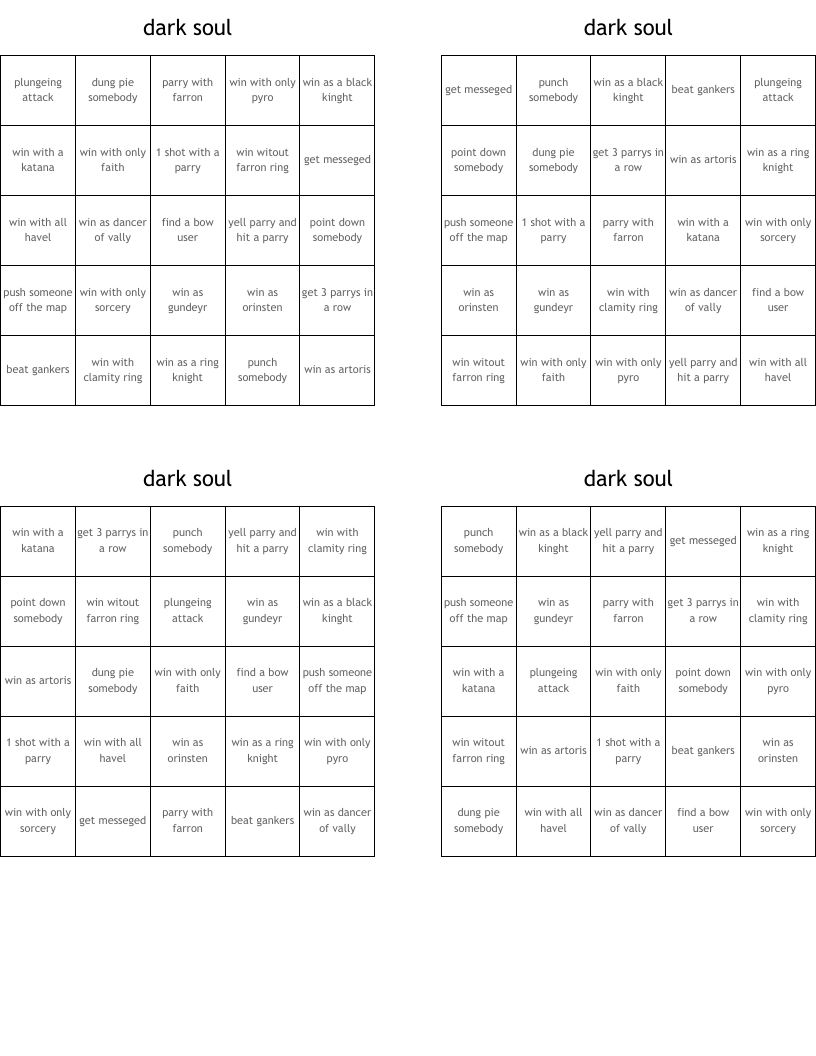 dark soul  Bingo Cards
