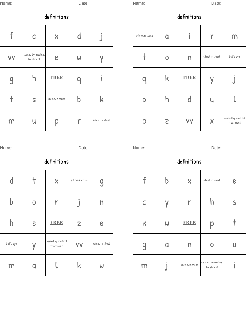 definitions Bingo Cards