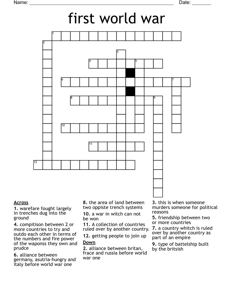 first world war Crossword - WordMint