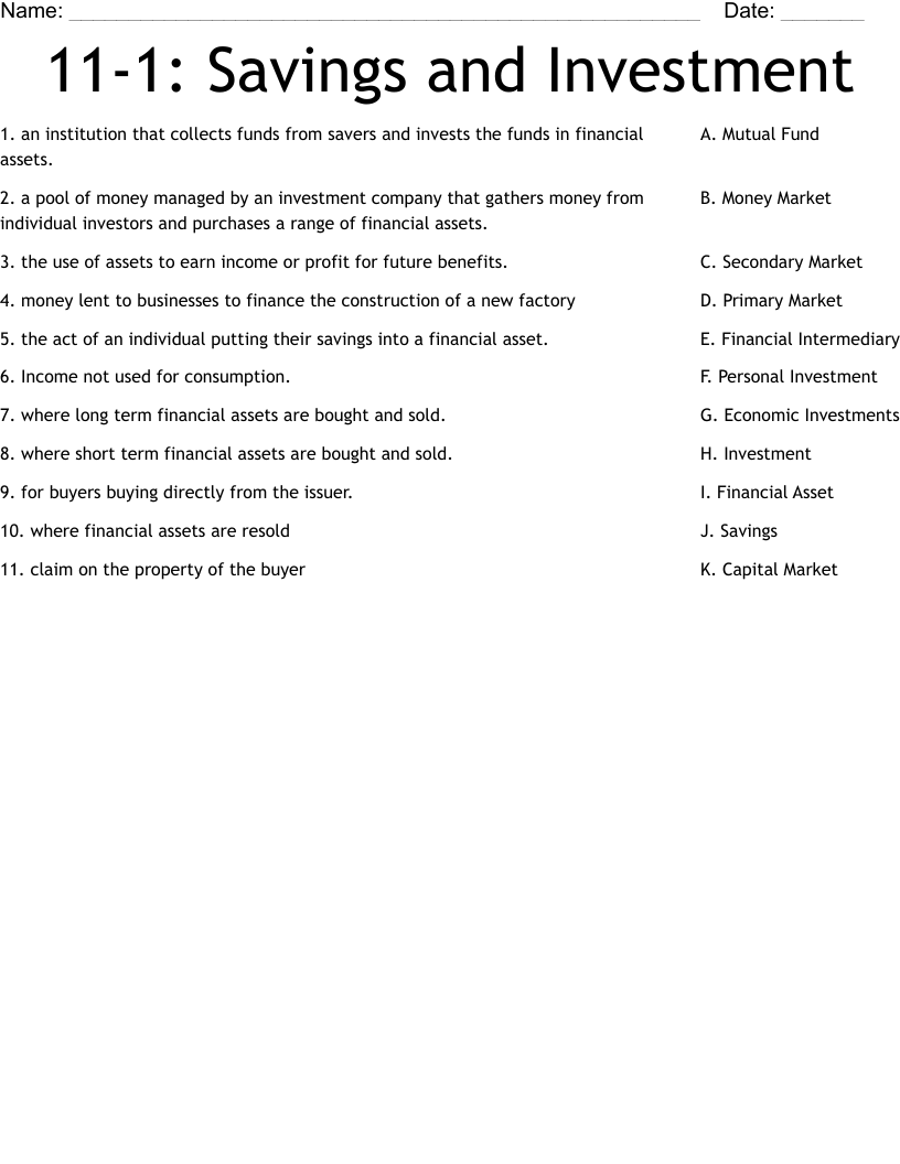 11-1: Savings and Investment Worksheet - WordMint