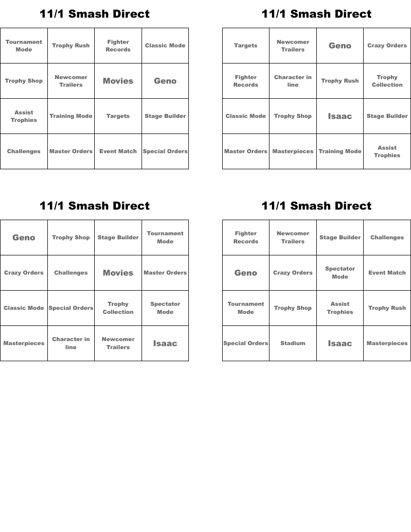 11/1 Smash Direct Bingo Cards