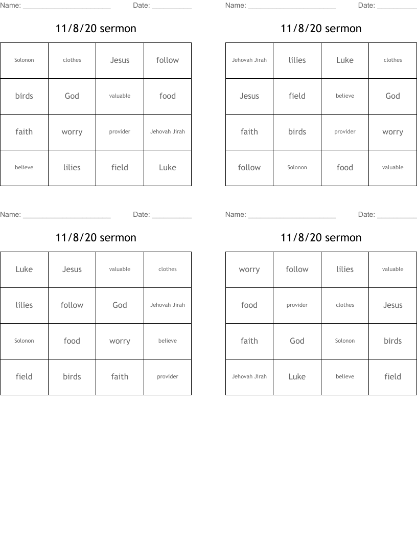 11/8/20 sermon  Bingo Cards