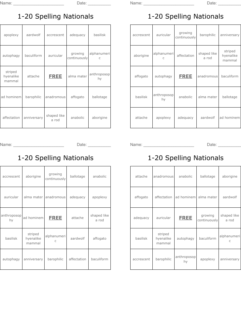 1-20 Spelling Nationals Bingo Cards