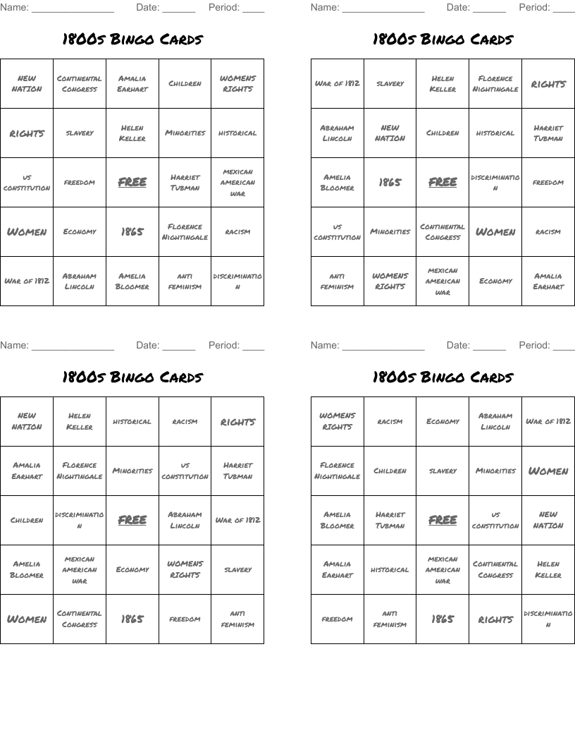 1800s Bingo Cards