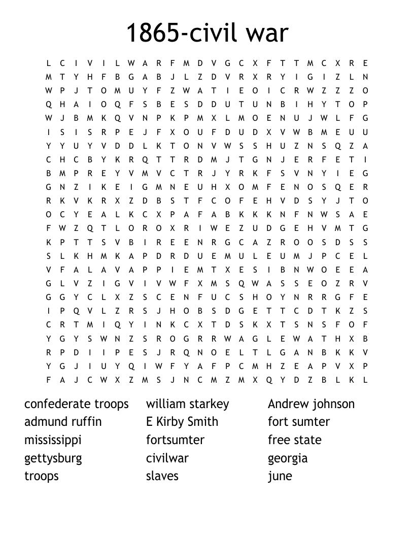 1865-civil war Word Search - WordMint