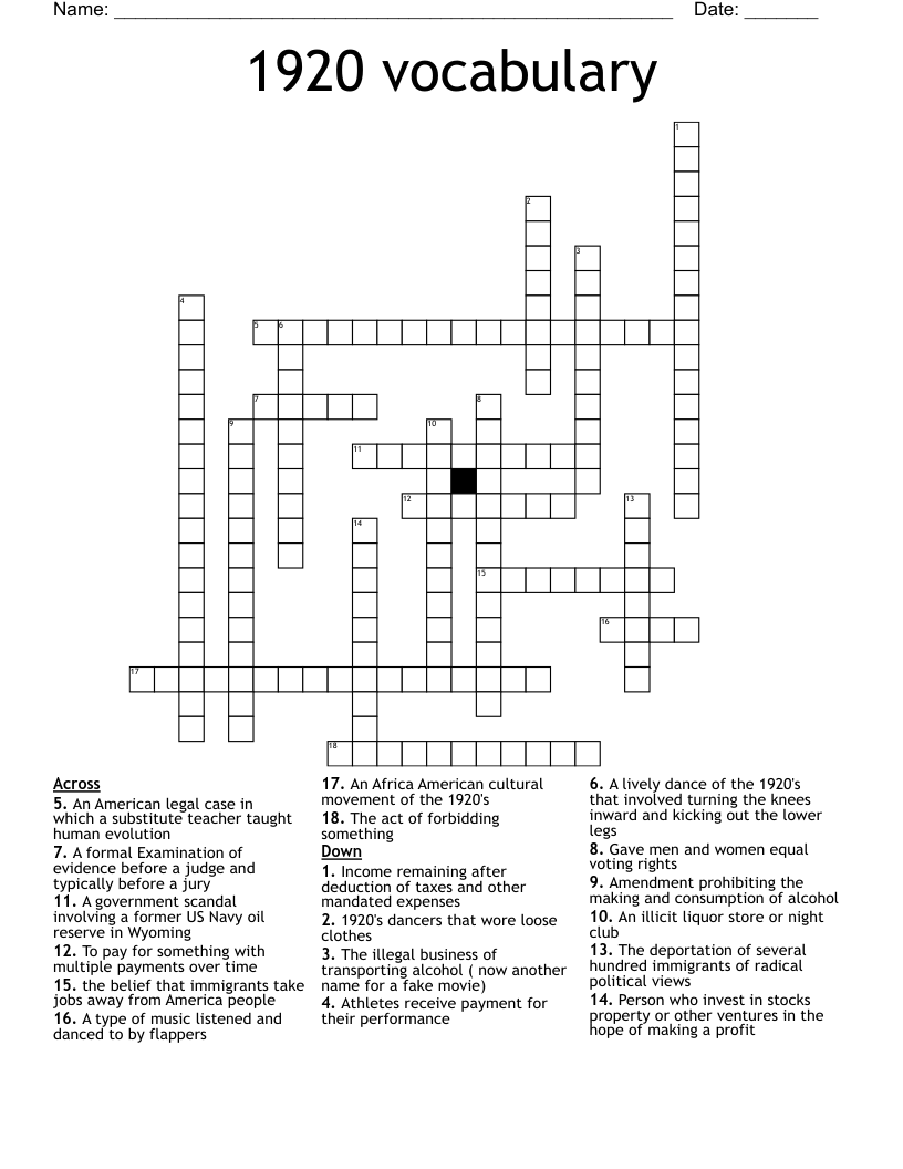 Roaring 20s Crossword Puzzle WordMint