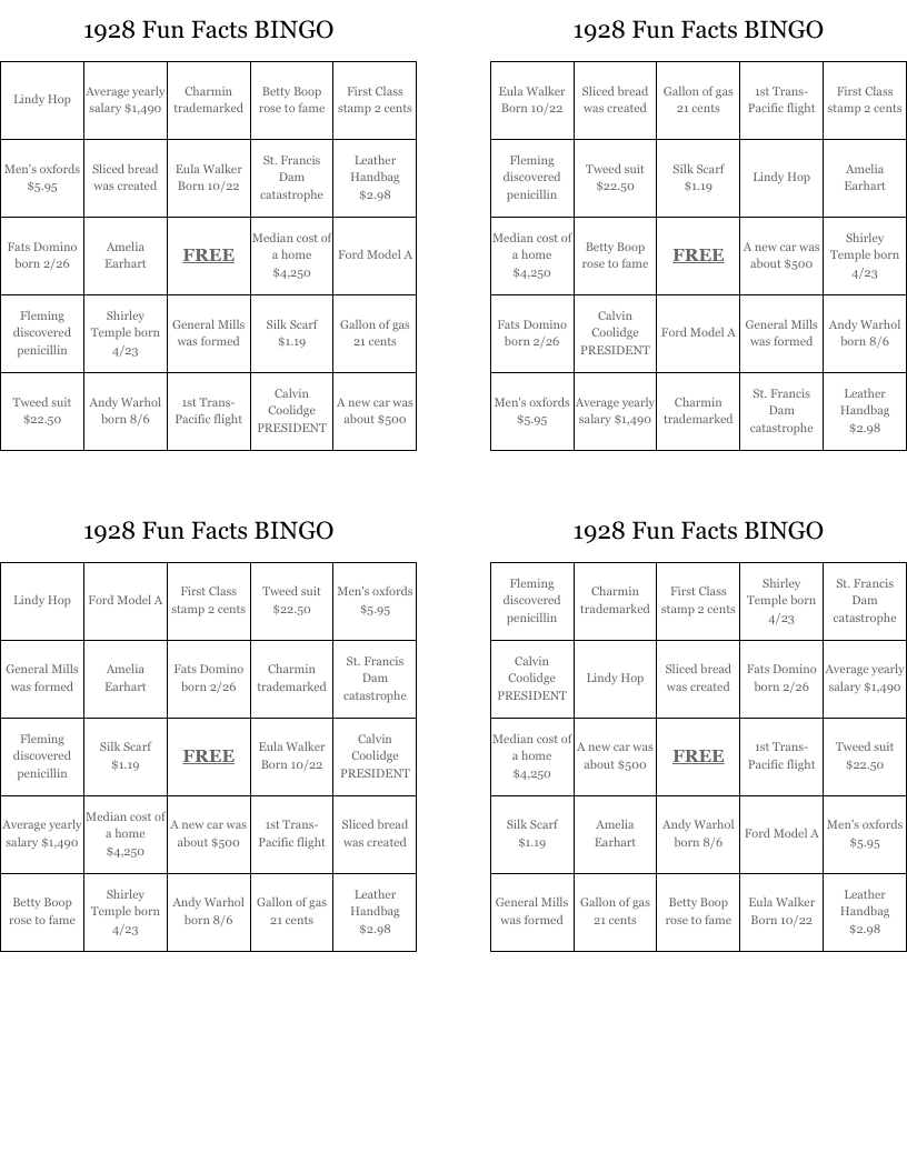 1928 Fun Facts BINGO WordMint