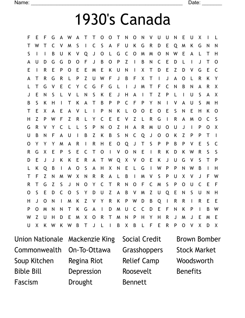 1930's Canada Word Search