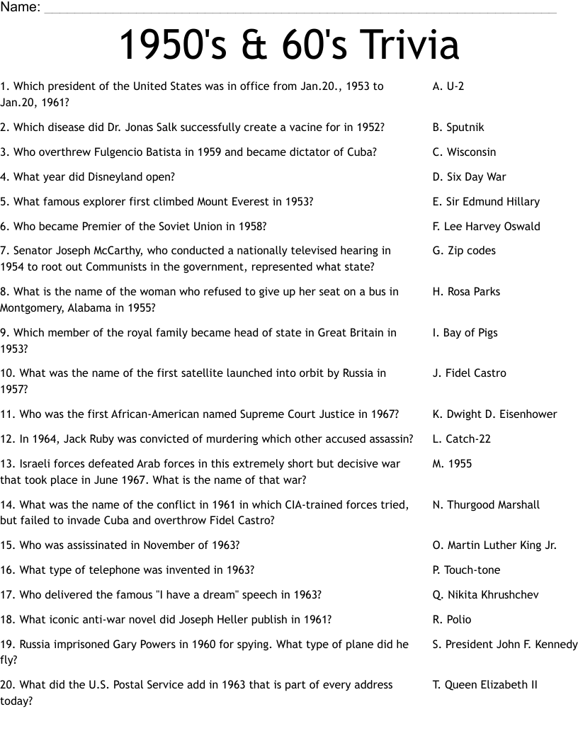 1950's & 60's Trivia Worksheet - WordMint