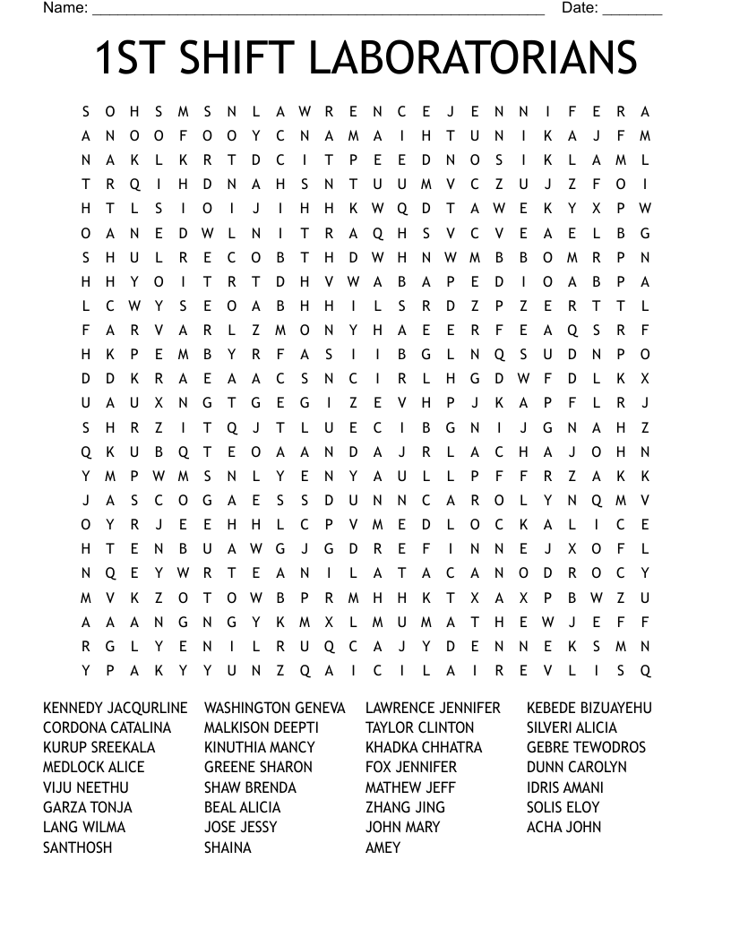 1ST SHIFT LABORATORIANS Word Search