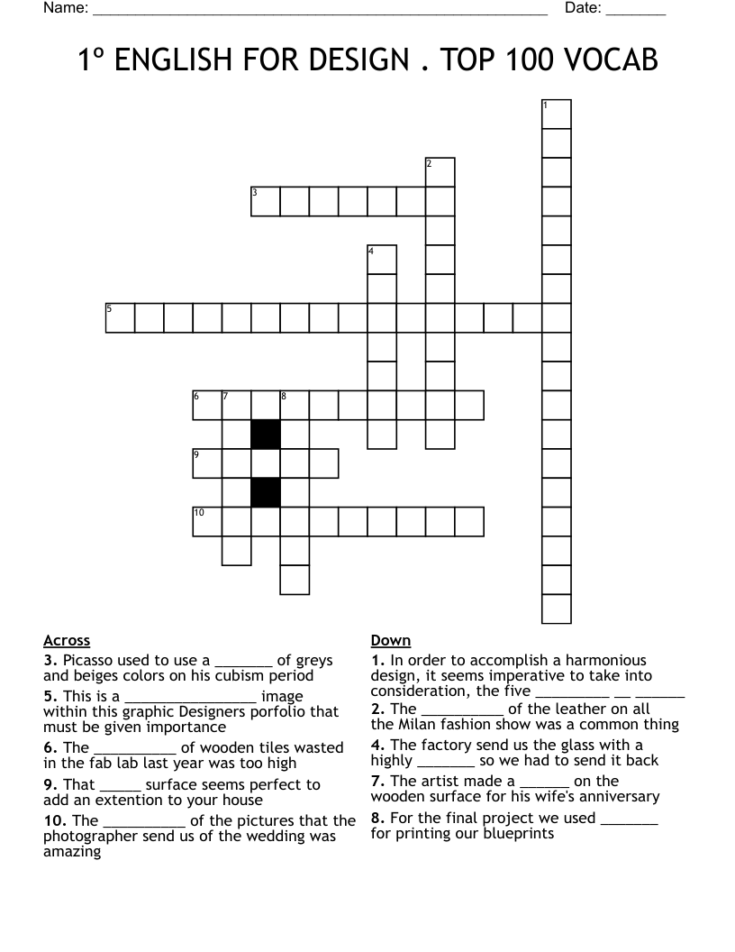 1º ENGLISH FOR DESIGN . TOP 100 VOCAB Crossword