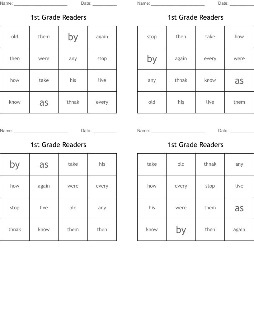 1st Grade Readers Bingo Cards