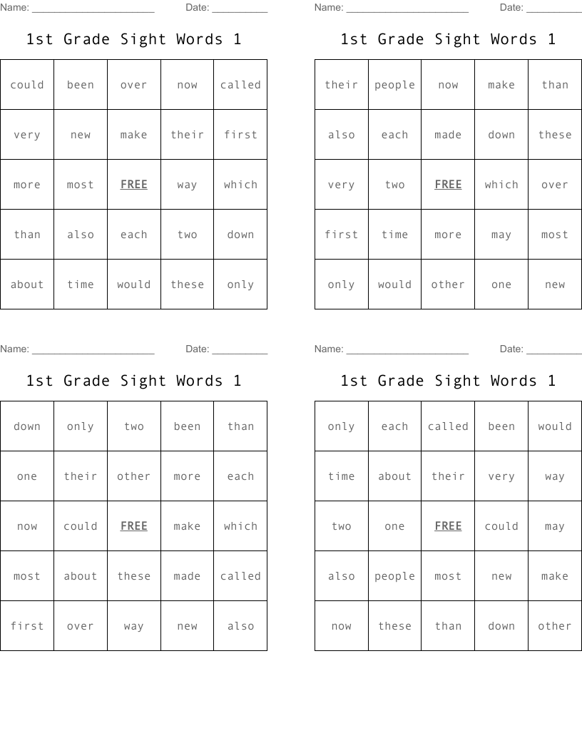 1st Grade Sight Words 1 Bingo Cards