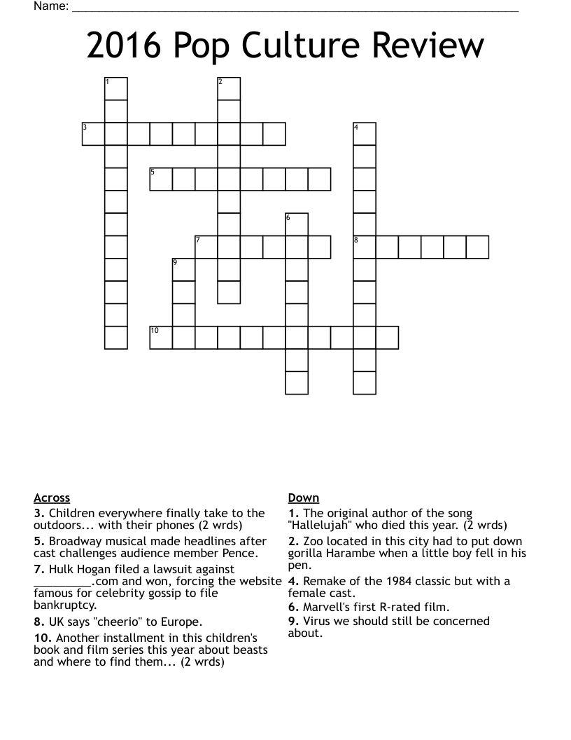Free Printable Pop Culture Crossword Puzzles
