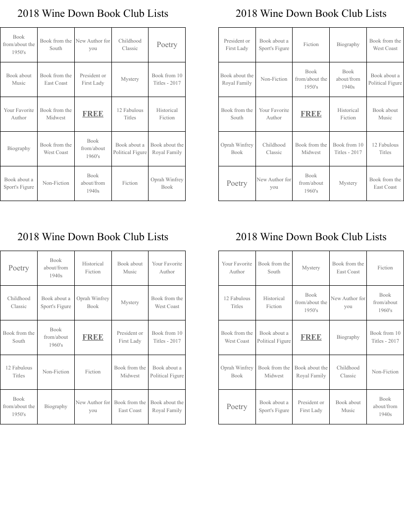 2018 Wine Down Book Club Lists Bingo Cards WordMint