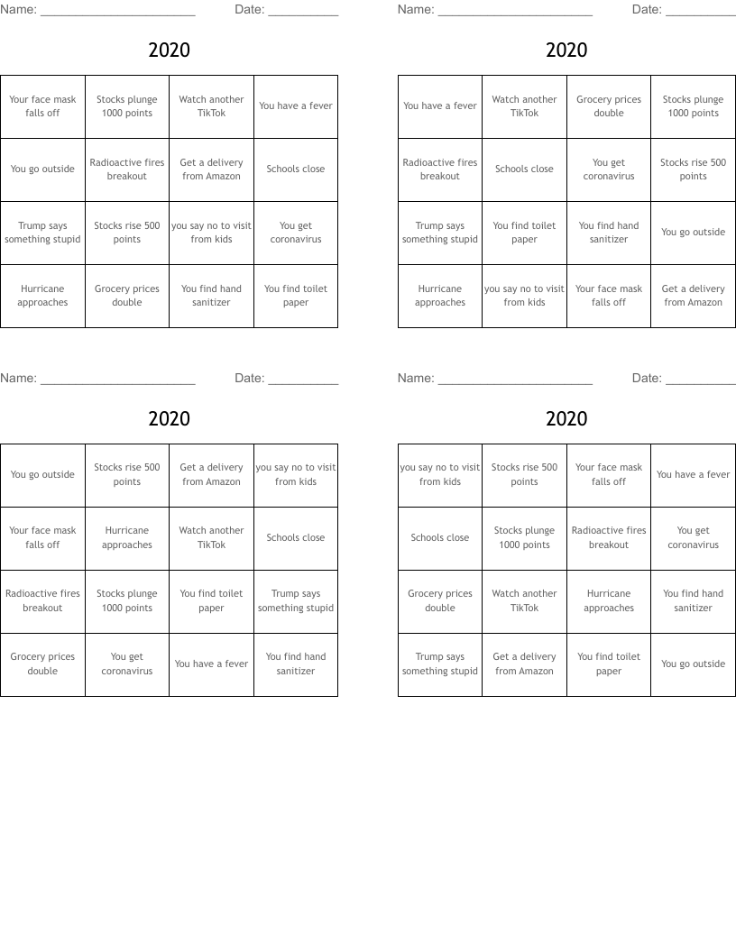 2020 Bingo Cards - WordMint