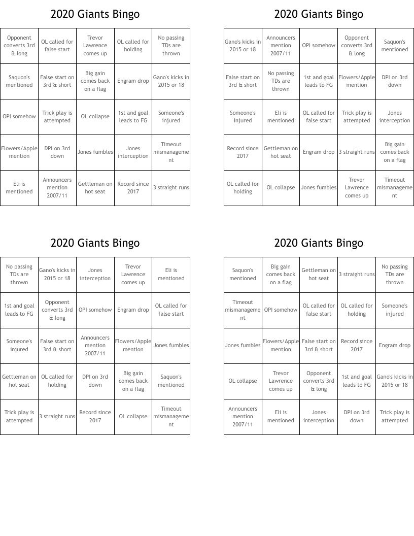 2020 Giants Bingo